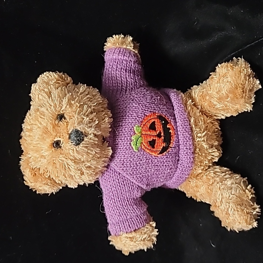 Sitting Stuffed Bear with Jack O'Lantern‎ Sweater,  Gently Preloved,  5.5" tall